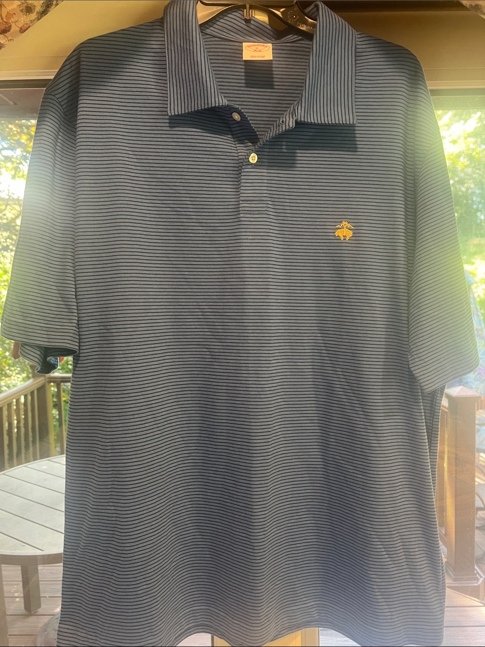 NWOT XL Brooks Brothers Blue Thin-Striped Polo with Gold Bee Emblem
